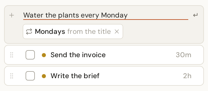 Tasks with a size and a label, and a repeat read from a title being typed